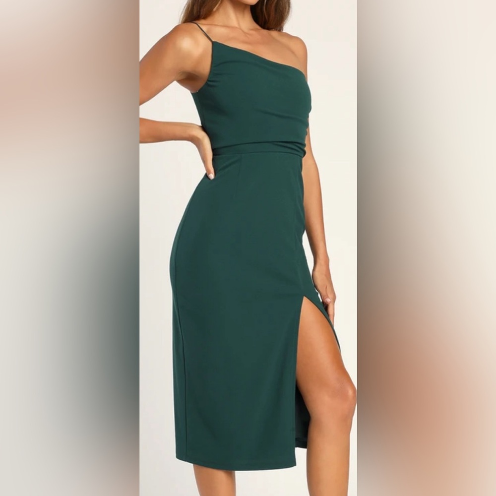 Lulu’s Elegant Allure Hunter Green One-Shoulder Sleeveless Midi Dress Size Small